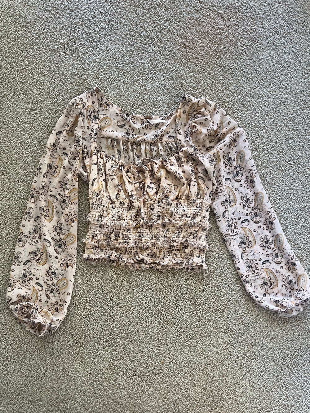 Free People Cream Paisley Smocked Long-Sleeve Crop Top